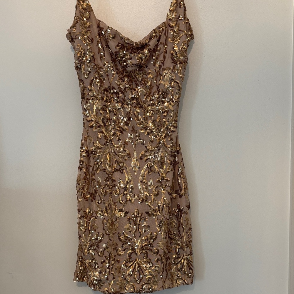 Windsor Gold Sequin Nude Cowl Neck Cocktail Dress